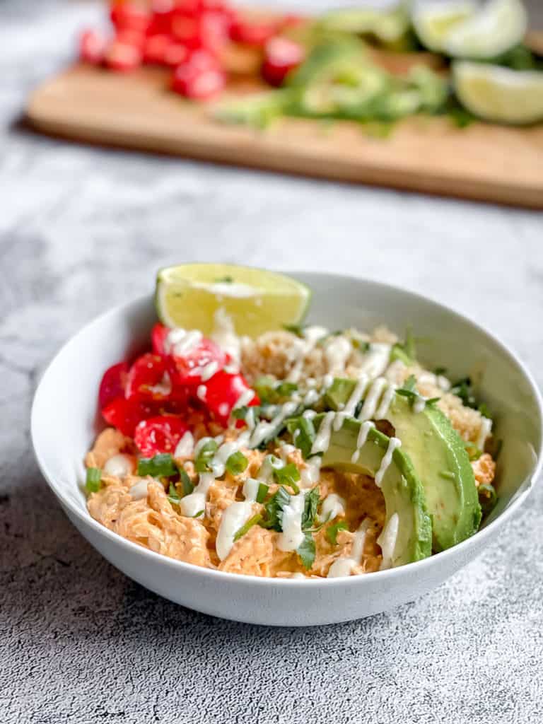 Slow cooker Buffalo chicken bowls with quinoa, avocado and shredded chicken
