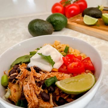salsa chicken bowl with ingredients in the background
