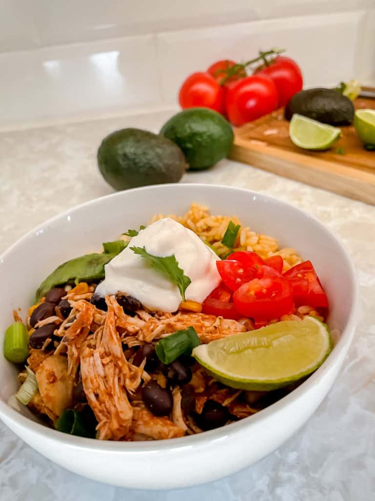 salsa chicken bowl with ingredients in the background