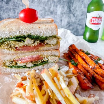Chicken Pesto Sandwich with sweet potato fries and an apple almond slaw