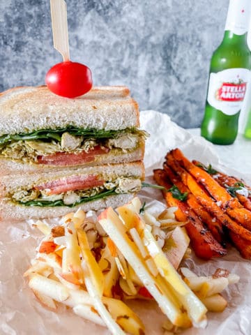 Chicken Pesto Sandwich with sweet potato fries and an apple almond slaw
