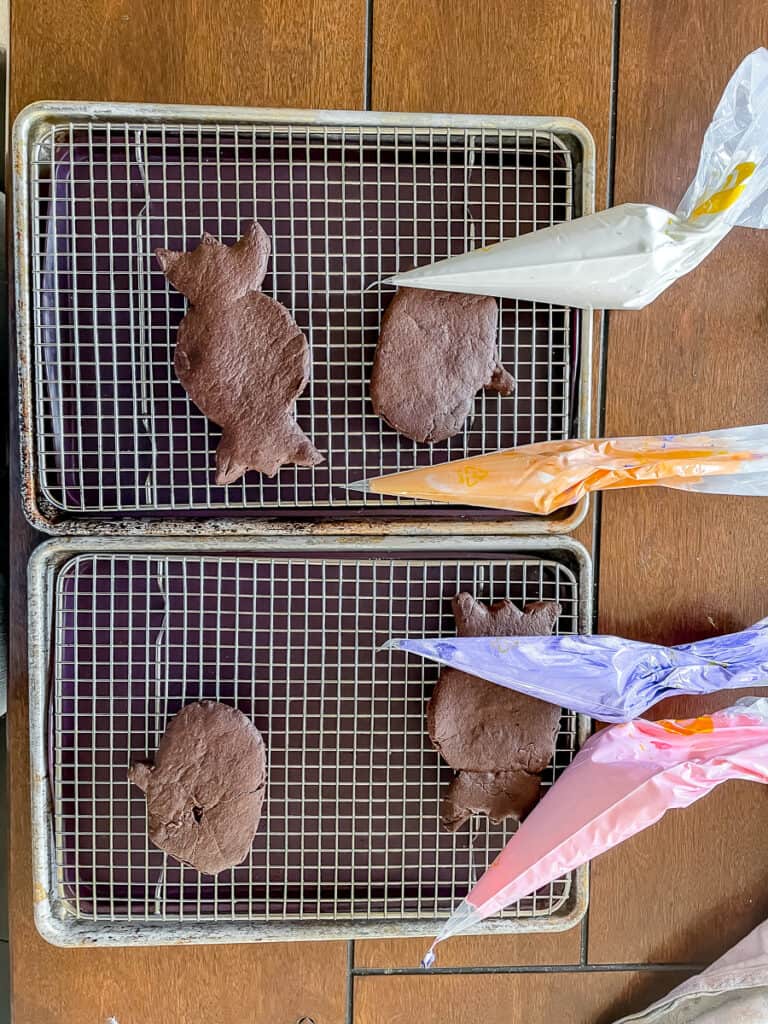icing in piping bags for chocolate sugar cookies