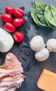 Ingredients for Frittata Muffins: Mushrooms, Spinach, Tomatoes, Onion, Bacon and Cheese