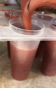 watermelon and mint mixture being poured into a popsicle mould