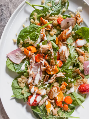 Roasted Chicken and Vegetable quinoa salad on a platter