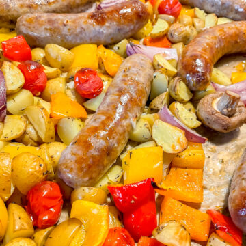 Sausage Sheet Pan Meal with roasted vegetables and potatoes